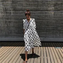 Lychee девушки точка печати оборками женское длинное платье Глубокий V шеи половина слоеного рукава ТРАПЕЦИЕВИДНОЕ ПЛАТЬЕ весна лето богемные Сладкие платья