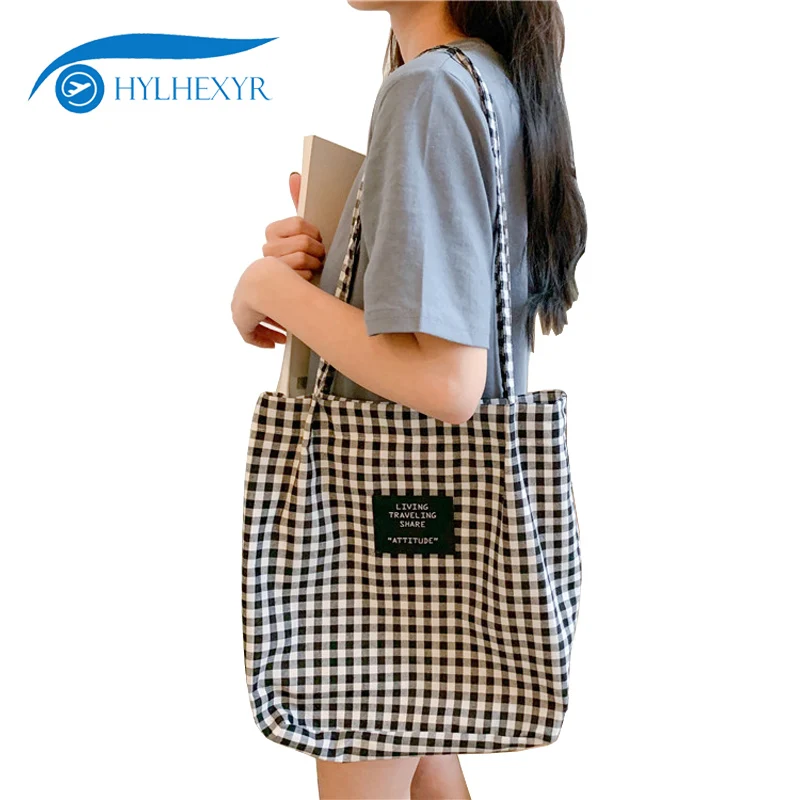 

Hylhexyr Plaid Female Handbags Women Cotton Canvas Top Handle Tote Ladies Casual Shoulder Bag Girl Student Cloth Shopping Bags