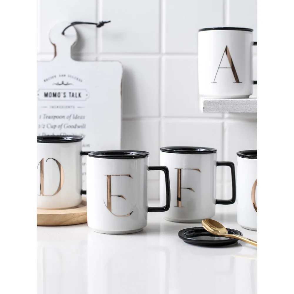 Японский стиль керамическая кофейная кружка слова из букв с принтом простые офисные домашние воды белые чашки и кружки с черным рукояткой и крышками