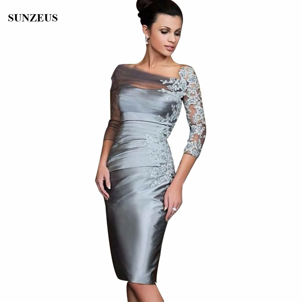Short Mother Of The Bride Dresses Sliver Three Quarter Sleeve