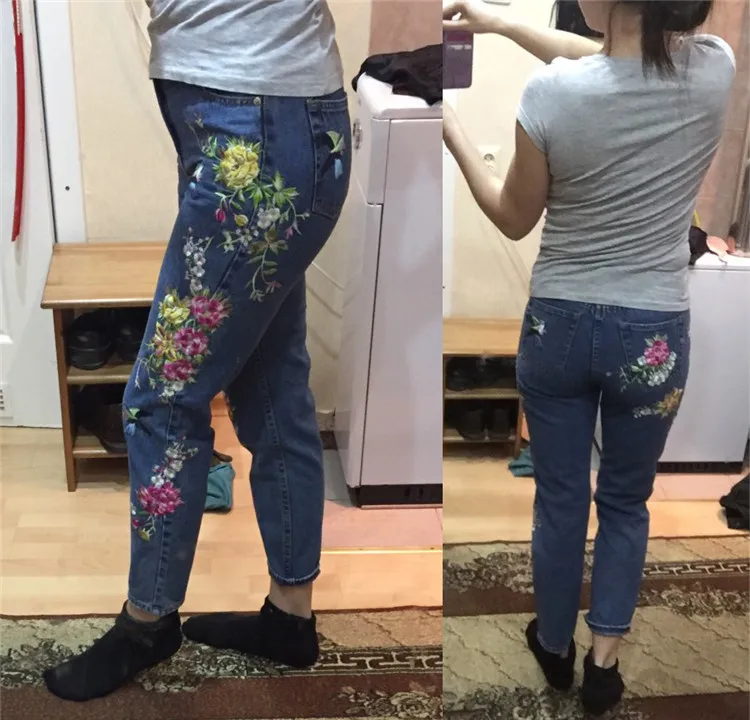 2018 Women's Three-dimensional 3D Heavy Bird Flower Embroidery High waist Slim Straight jeans Large yards (11)