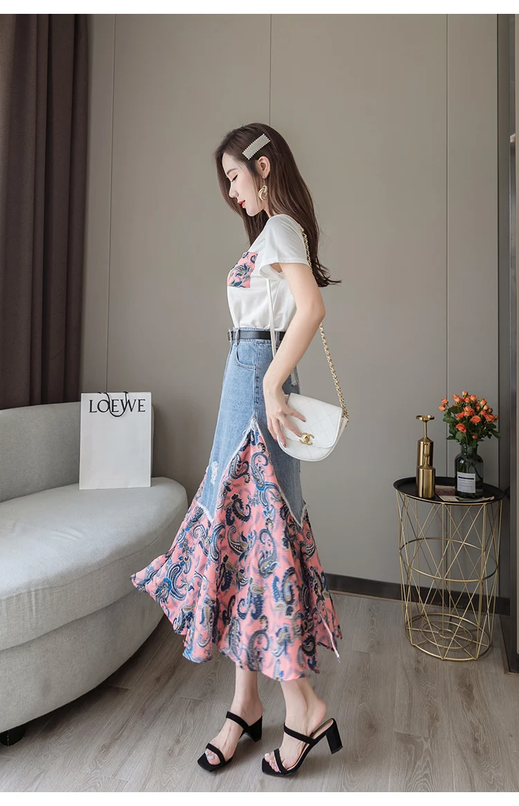 Trytree Summer Women two piece set Casual O-Neck Tops+ Skirt Demin Patchwork Print Hem Belt Pocket Suit Office Lady 2 Piece Set