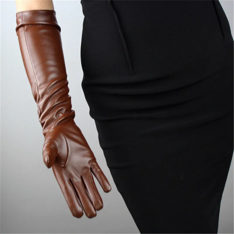 Women PU Gloves Emulation Real Leather 50cm Long Fashion Brown Nylon Lined Classic Retro PU Leather Gloves Female Cosplay  P17