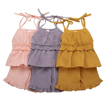 

Baby Outfits Girls Sleeveless Solid Print Ruffles Vest Tops Shorts Sets Toddler Infant Kids Fashion Summer Clothes