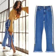 Весенние Свободные повседневные длинные джинсовые женские джинсы с боковой полоской на молнии, потертые джинсы с высокой талией, прямые расклешенные женские брюки размера плюс