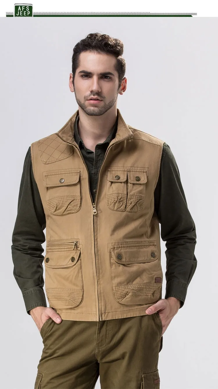 2015 Autumn Spring Casual Men Vest Coat AFS JEEP Cotton Multi Pocket 4XL Cargo Outdoor Hiking Sleeveless Jackets Waistcoat Vests (2)