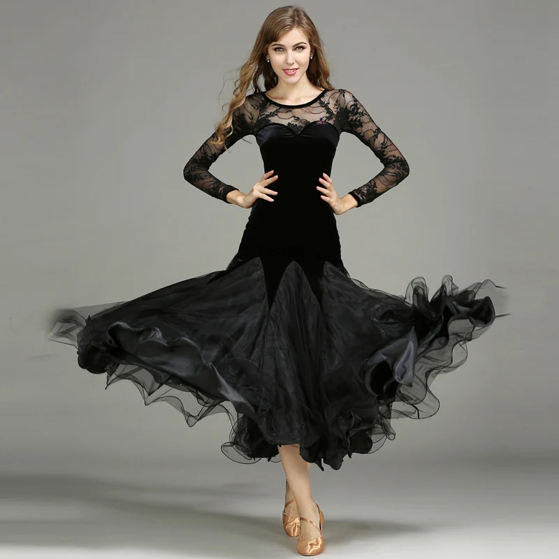 Бальные платья для вальса женские элегантные кружевные с длинным рукавом черное