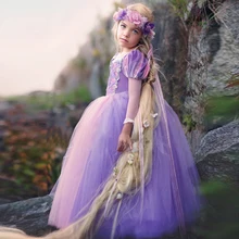 PaMaBa мультфильм парик, Принцесса Рапунцель Хэллоуин косплей костюм девушки элегантный Рапунцель платье пачка Детские вечерние платья