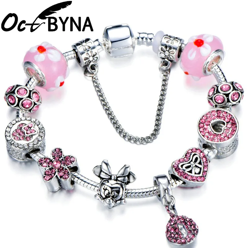 JK0879 Octbyna 17 видов стилей бусины Микки, Минни браслеты с подвесками для женщин и девушек со змеиной цепью брендовые браслеты и браслеты ювелирные изделия - Окраска металла: JK0879
