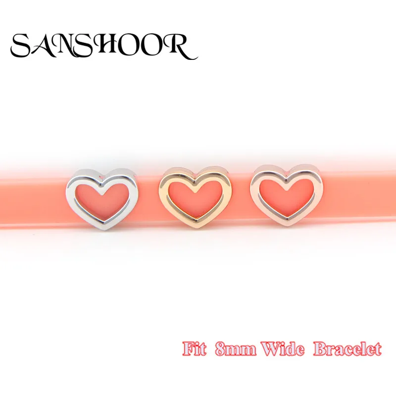 

SANSHOOR Jewelry Hollow Hearts Slide Charms fit 8mm Wide Mesh Leather Wrap Bracelet Wristband for Female lovers
