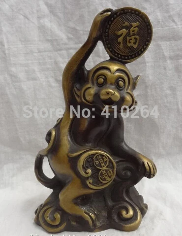 

8" Chinese Zodiac Bronze Happy Fu Coin Wealth Monkey Statue Animal Sculpture