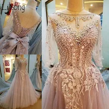 Abendkleider Кристалл 3D цветок Длинные вечерние платья Кружева Половина рукава А-силуэт бант вечерния платья с жемчужинами дубайское вечернее платье Abiye