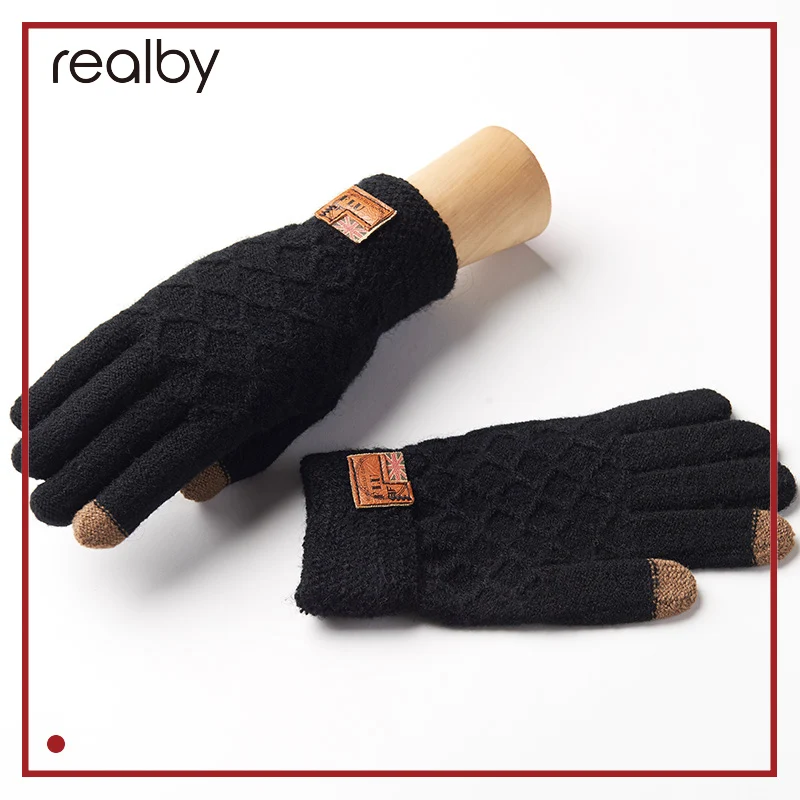 Realby Для Мужчин's Зимние перчатки Теплые наручные сенсорный Экран перчатки Luvas de Inverno мужской mitaine hommethermal Теплые черные Прихватки для мангала