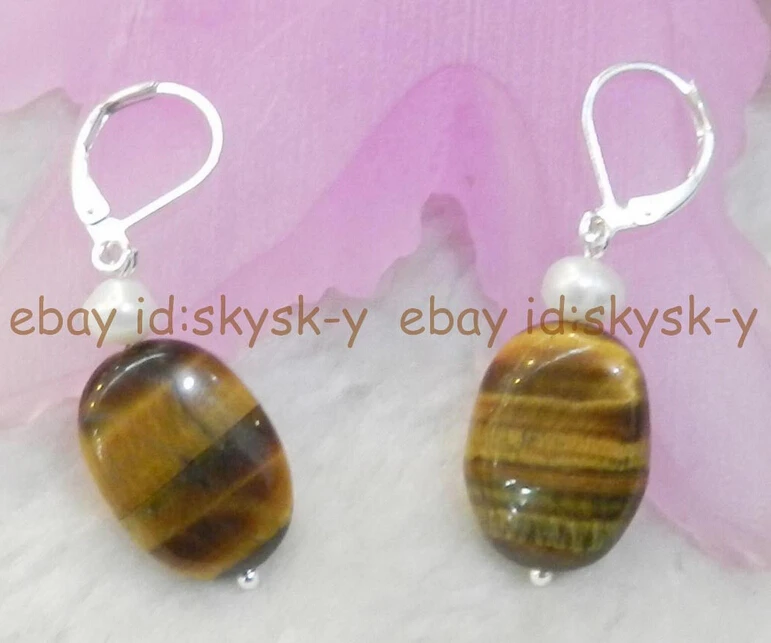 

Hot selling> Free shipping REAL NATURAL AFRICA YELLOW TIGER'S EYE OVAL BEADS & WHITE PEARL EARRINGS new -Bride jewelry free ship