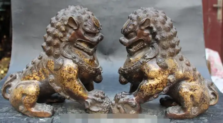 

S5280 Chinese Folk Fengshui Bronze Gilt Ball Beast Animal Lion Fu Foo Dog Pair Statue discount 30% (C0324)