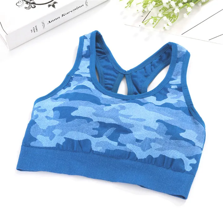 NORMOV Women Camouflage Sports Bra Wirefree Shockproof Gym Running Bra Cropped Tops Seamless Padded Fitness Vest Sportwear - Цвет: Blue