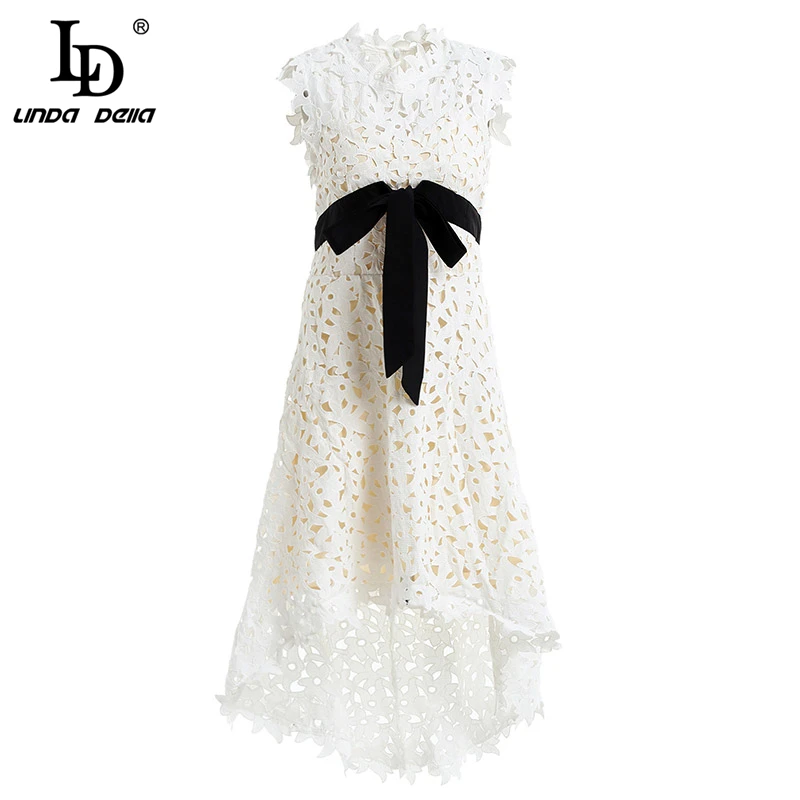 

LD LINDA DELLA Fashion Runway Summer Pure white sleeveless Dress Women's Hollow out Bow tie Collect Waist Asymmetrical Dress