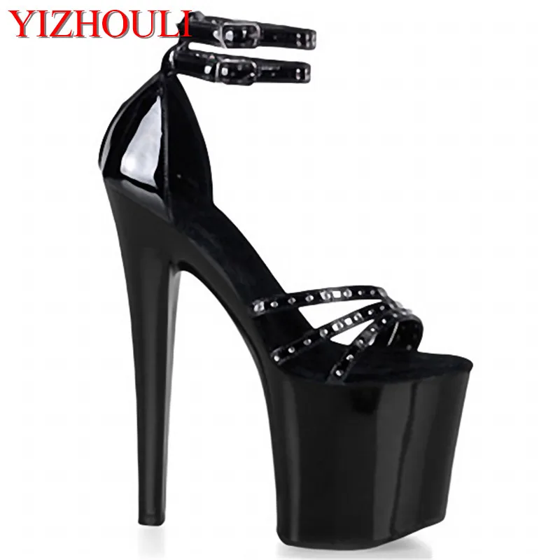 

Classic Black 20cm Open Toe Sandals Super High Heel Platform Pole Dance shoes Gorgeous punk 8 inch sexy rivet cover heel sandals