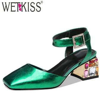 

WETKISS Patent Leather Sandals Women 2019 New Ankle Strap Sandals Woman Summer Colorful Heels High Shoes Female Wedding Shoes