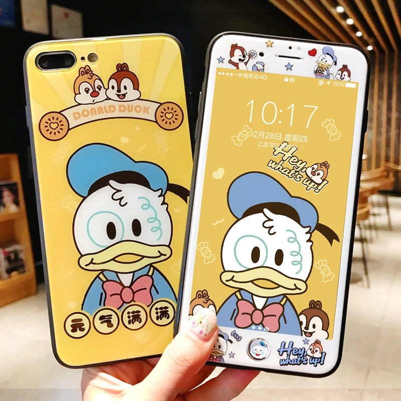 For iPhone 8/7 plus case XS Max XR shell cute Donald duck phone cover 6 6s 7 8+ tempered glass screen protector + strap+ sticker