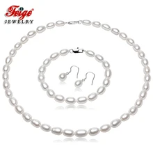 FEIGE ювелирные изделия 7-8 мм белый натуральный пресноводный жемчуг наборы для женщин 925 стерлингового серебра серьги свадебный набор жемчужные ювелирные изделия