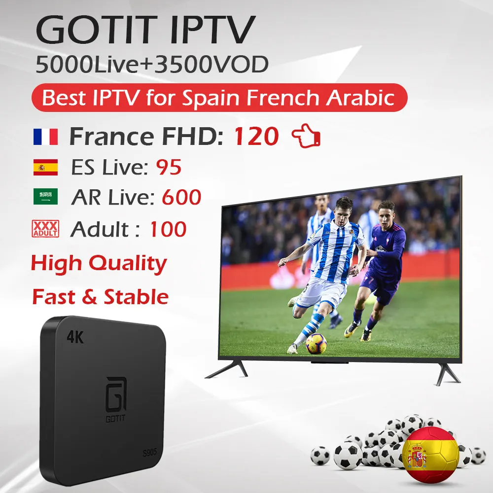 Лучший испанский английский арабский IPTV KING IP tv+ взрослый+ GOTIT S905 Android tv Box Amlogic S905W четырехъядерный 2G/16G 4K HDMI 2,0 телеприставка