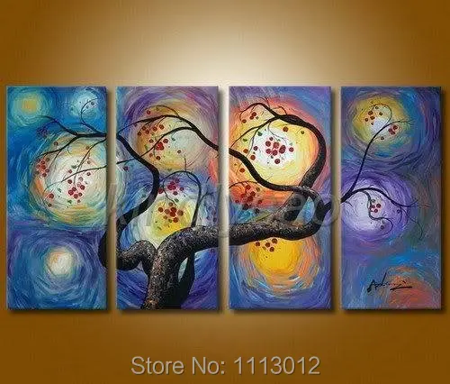 

Hot Sale Abstract Plum Four-color Tree Oil Painting Hand Painted 4 Panel Arts Set Home Decor Modern Wall Picture For Living Room