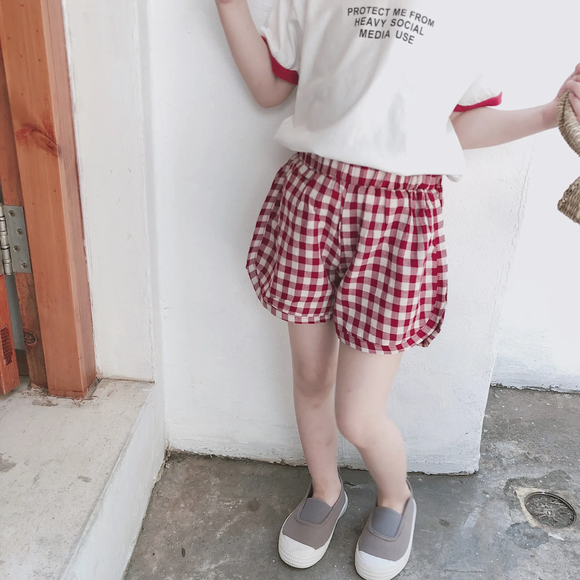Новые летние корейские Высокая талия детские клетчатые Короткие штаны мальчиков и Шорты для девочки дети Повседневное Спортивные штаны брюки одежда От 2 до 7 лет - Цвет: as photo
