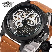 2016 Nouveau Noir Hommes de Squelette Montre Italie Antique Brun Véritable Bracelet En Cuir Automatique Squelette Mécanique Militaire Montre-Bracelet