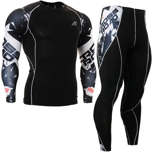 Мужская Спортивный костюм Бег базовый слой устанавливает для езды на велосипеде длинные рукава с головой тигра футболки+ Колготки Штаны размеры S-4XL - Цвет: Черный