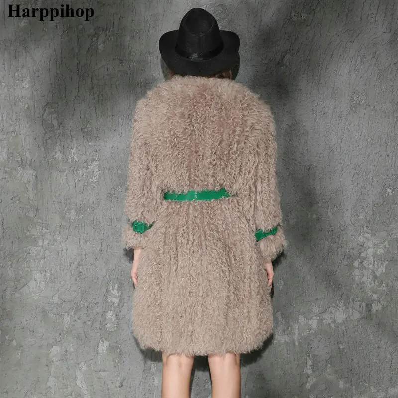 Новая модная Натуральная монгольская овечья шерсть/флисовая меховая вязаная шуба зеленого цвета длинная стильная с карманами