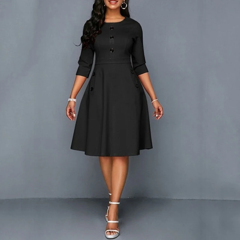 

Women Dress Ladies Work Vintage Fashion 3/4 Sleeves Stylish Office Round Neck