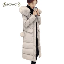 С капюшоном меховой воротник пуховик Для женщин зима большой длиной до колена Цвет теплые парки плотная куртка-пуховик WYT377