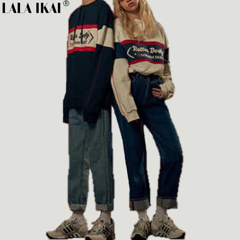 Letter Print Contrast Color Women Hoodies Harajuku Kpop Lace Up O-Neck Patchwork Pullovers Fashion Female Sweatshirt SWI0308-45 | Женская