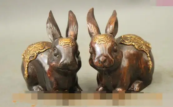 

S00940 Chinese Auspicious Bronze Gilt Wealth Cai Fu Year Zodiac Rabbit Set Statue Pair B0403