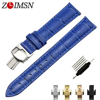 

ZLIMSN Blue Watchband Real Leather Universal Watch Strap Bamboo Grain Watch Belt Replacement Steel Clasp Watches Accessories