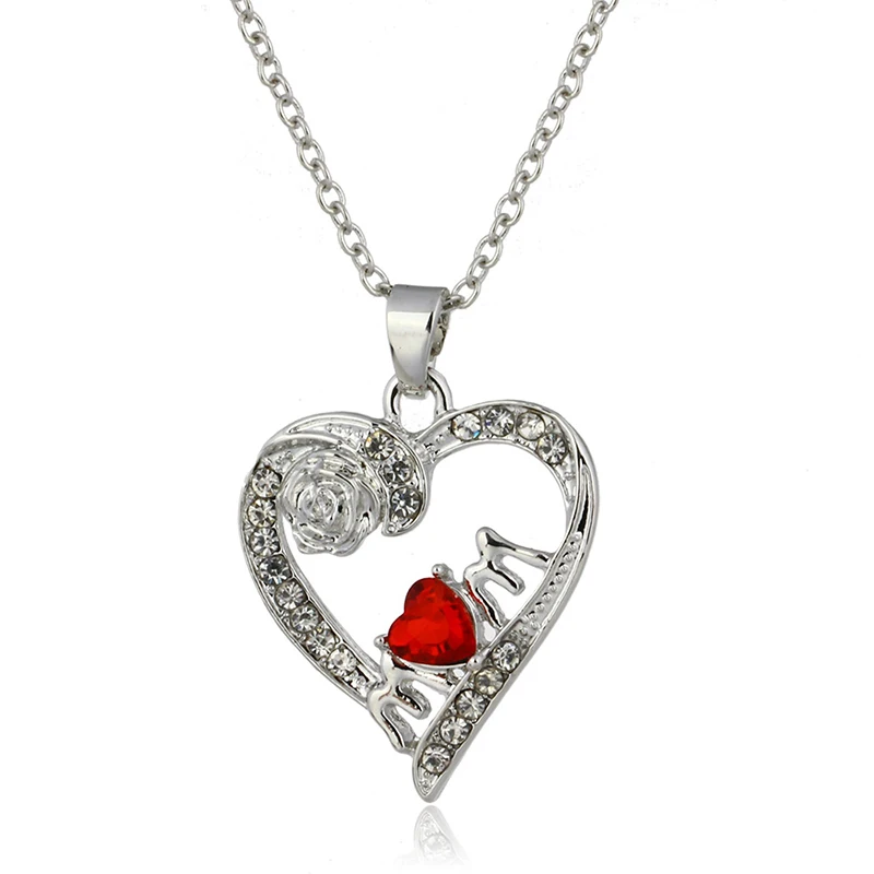 

2019 Fashion Women Jewelry Natural Red Stone Crystal Rose Heart Pendant Necklace For Mom Grandmother Mother's Day Birthday Gift
