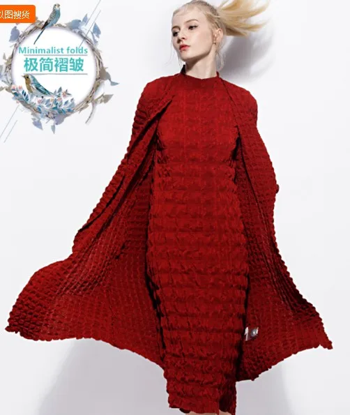 Bronzage Courtes À Manches bourgogne Robe En Pièces Deux Plissé Stock Bleu noir Pli vent Rayé Coupe Miyake Balançoire Automne Longues Marine Grande qwS0gZEq