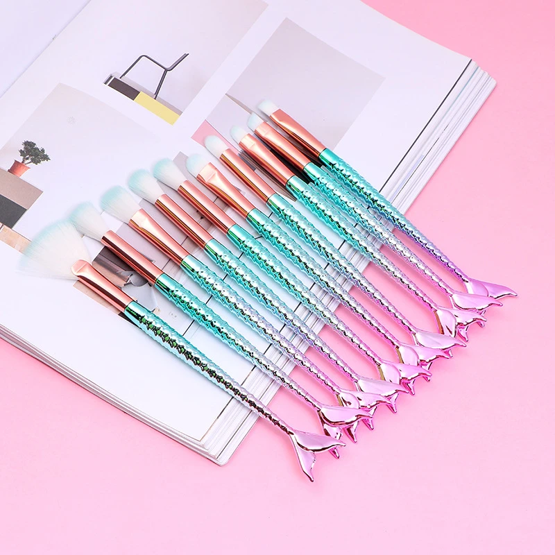 

10pcs Mermaid Makeup Brushes Set Cosmetic Beginners Make Up Tool Facial Eye-shadow Lip Power Foundation Brushes Kit Gold/Pink
