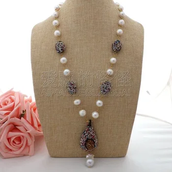 

N062903 24" White Keshi Pearl Necklace Druzy Pendant