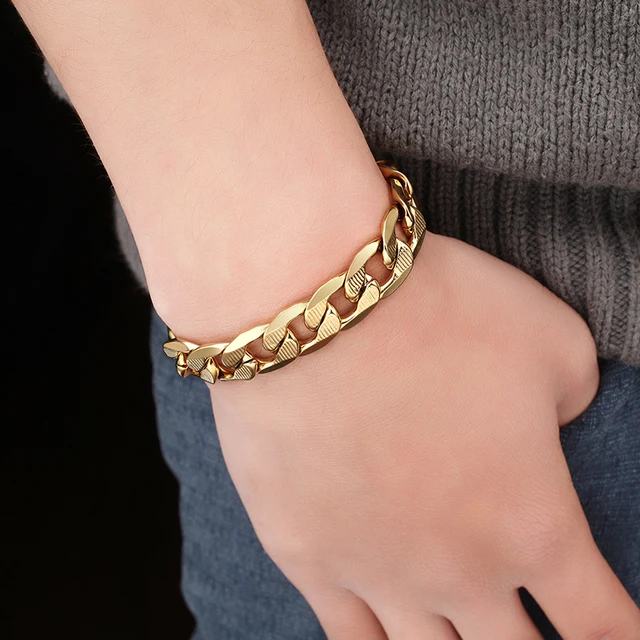 12 Mm Male Curb Cuban Link Chain Bracelet For Men Jewelry Simple 12 Mm Male Curb Cuban Link Chain Bracelet For Men Jewelry Simple Steel Gold Color Mens