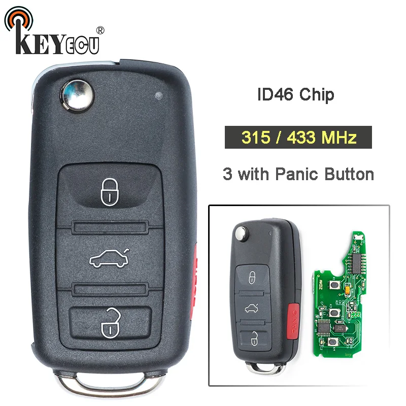 

KEYECU 10x 315/ 433MHz ID46/ ID46 Chip 3+1 4 Button Replacement Flip Folding Remote Key Fob for Volkswagen T*ouareg 2002-2010