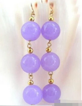 

hj 00592 Purple Jade 3 Beads 18KGP Hook Dangle Earrings