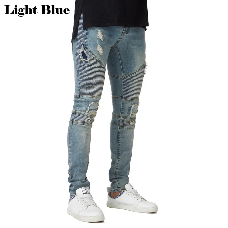 Новые мужские рваные байкерские обтягивающие джинсы стрейч эластичные модные узкие джинсы - Цвет: Light Blue