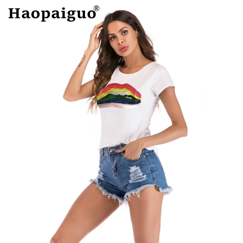S-xxl плюс размер летняя новая женская футболка корейская мода печать губы свободные большие размеры o-образным вырезом Женские футболки повседневные короткие