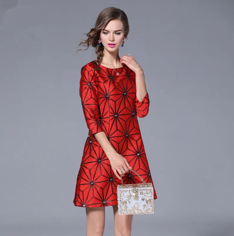2018 Spring Summer Jacquard A line Women's Dress European Style Slim Lady's Dress High End