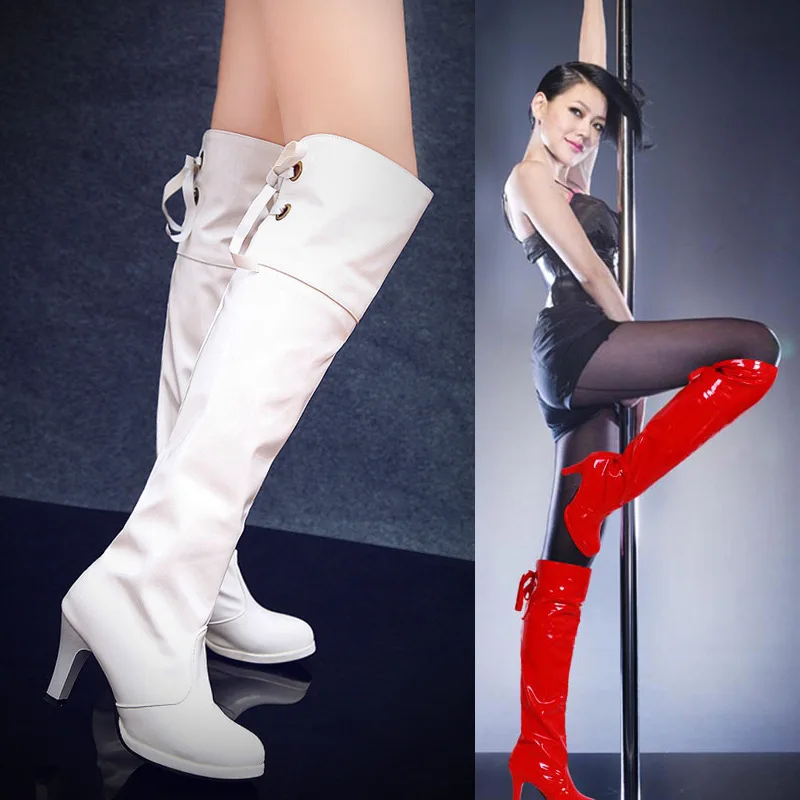 Новые женские модные пикантные Женские Сапоги выше колена на высоком каблуке 8 см из лакированной кожи PU с круглым носком женские сапоги со стальными трубками