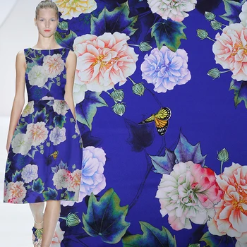 

Butterfly Large Flower Print Blue Stretch Silk Fabric for Dress Width 42 Inch