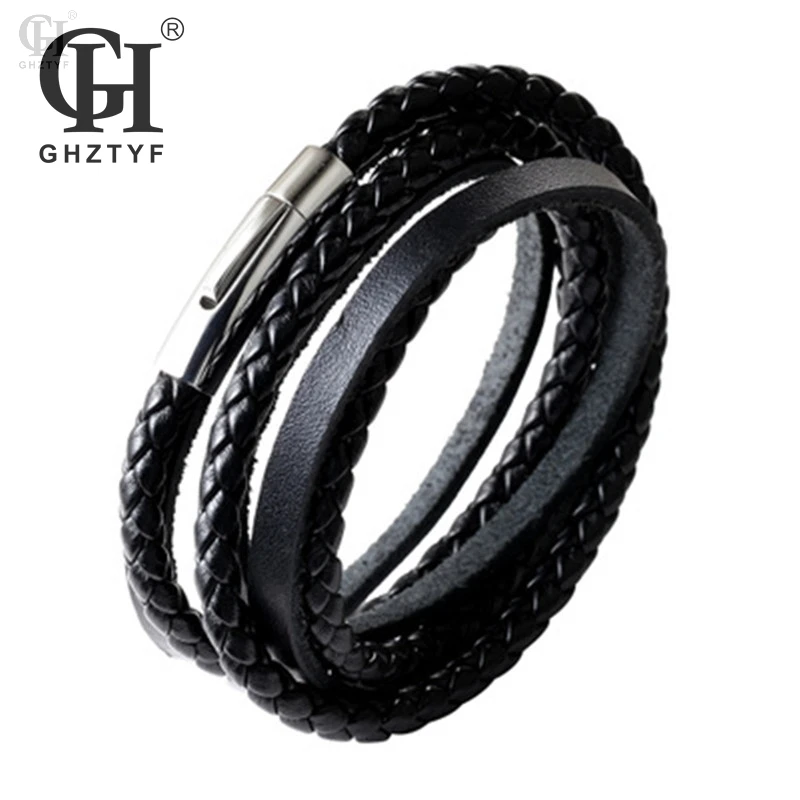 

2018 New Men's Titanium Steel Stainless Multilayer Leather Bracelet Cortical Woven 3 Loop Wrap Vintage Leather's Bracelets Gift
