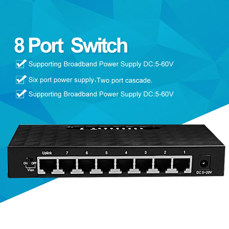 8 портовый коммутатор SPOE Ethernet с адаптером питания 90 Вт для сетевых IP камер или